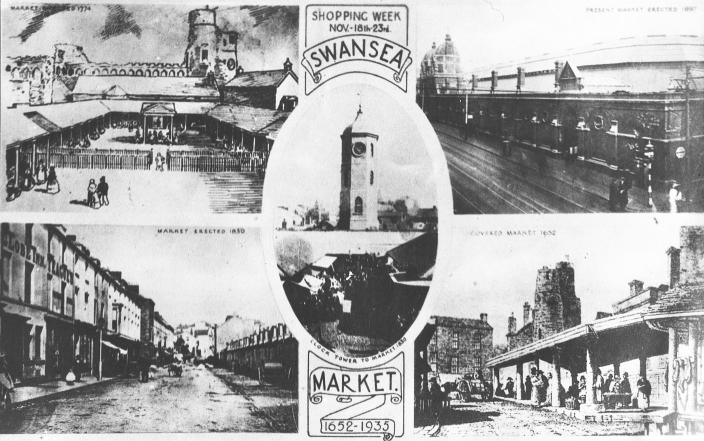 A postcard from 1935 displaying different eras of Swansea Market